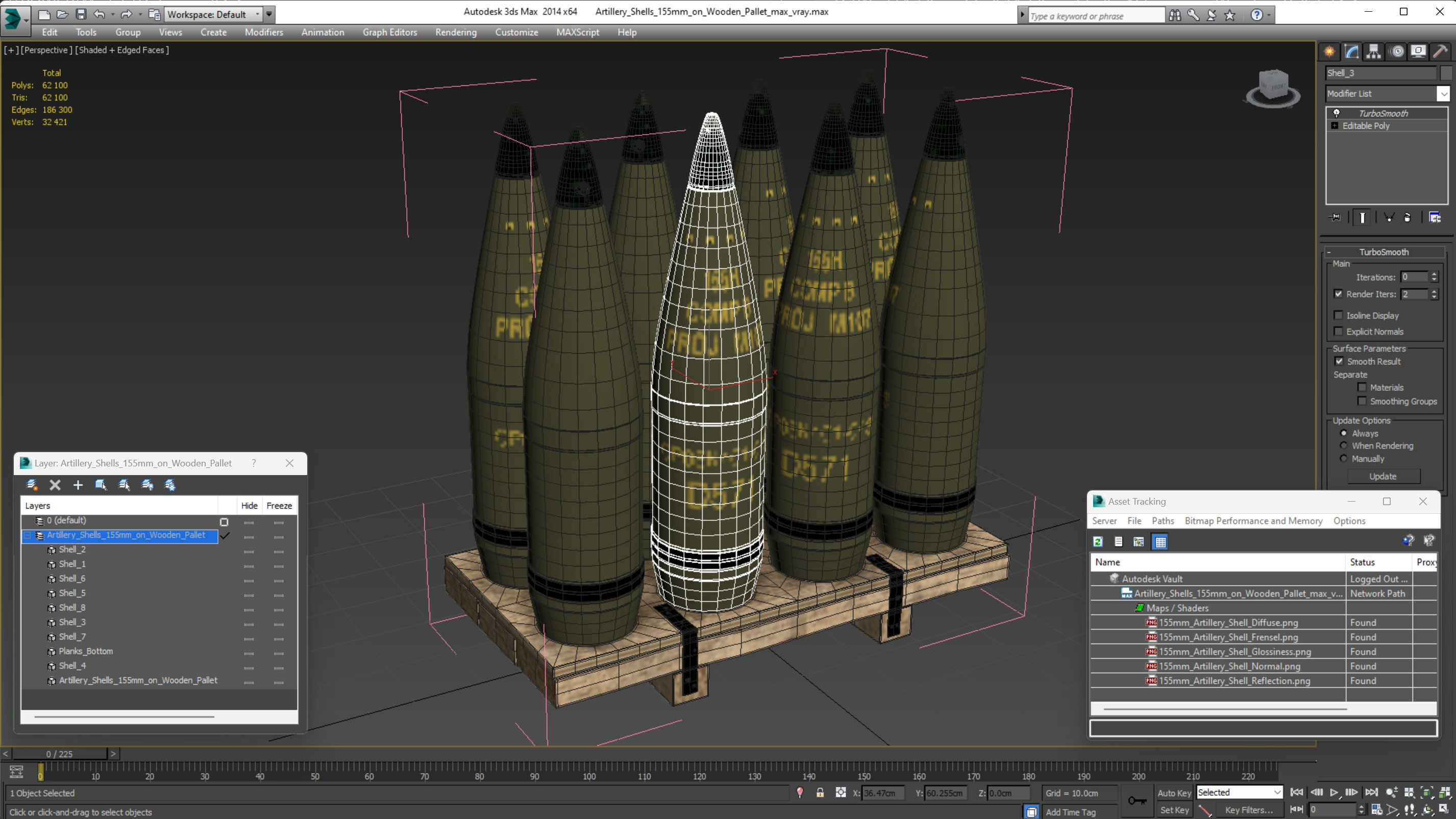 Artillery Shells 155mm on Wooden Pallet 3D model