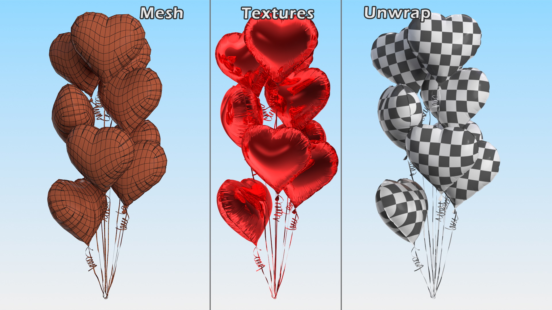 Helium Red Heart Shape Balloons Bouquet 3D model