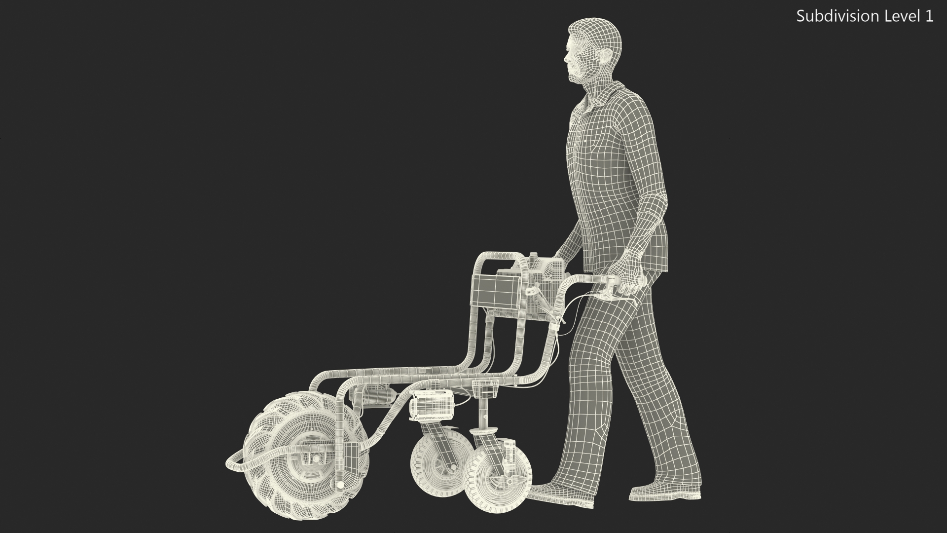 Elderly Man Motorized Electric Wheelbarrow Frame Rigged for Maya 3D model