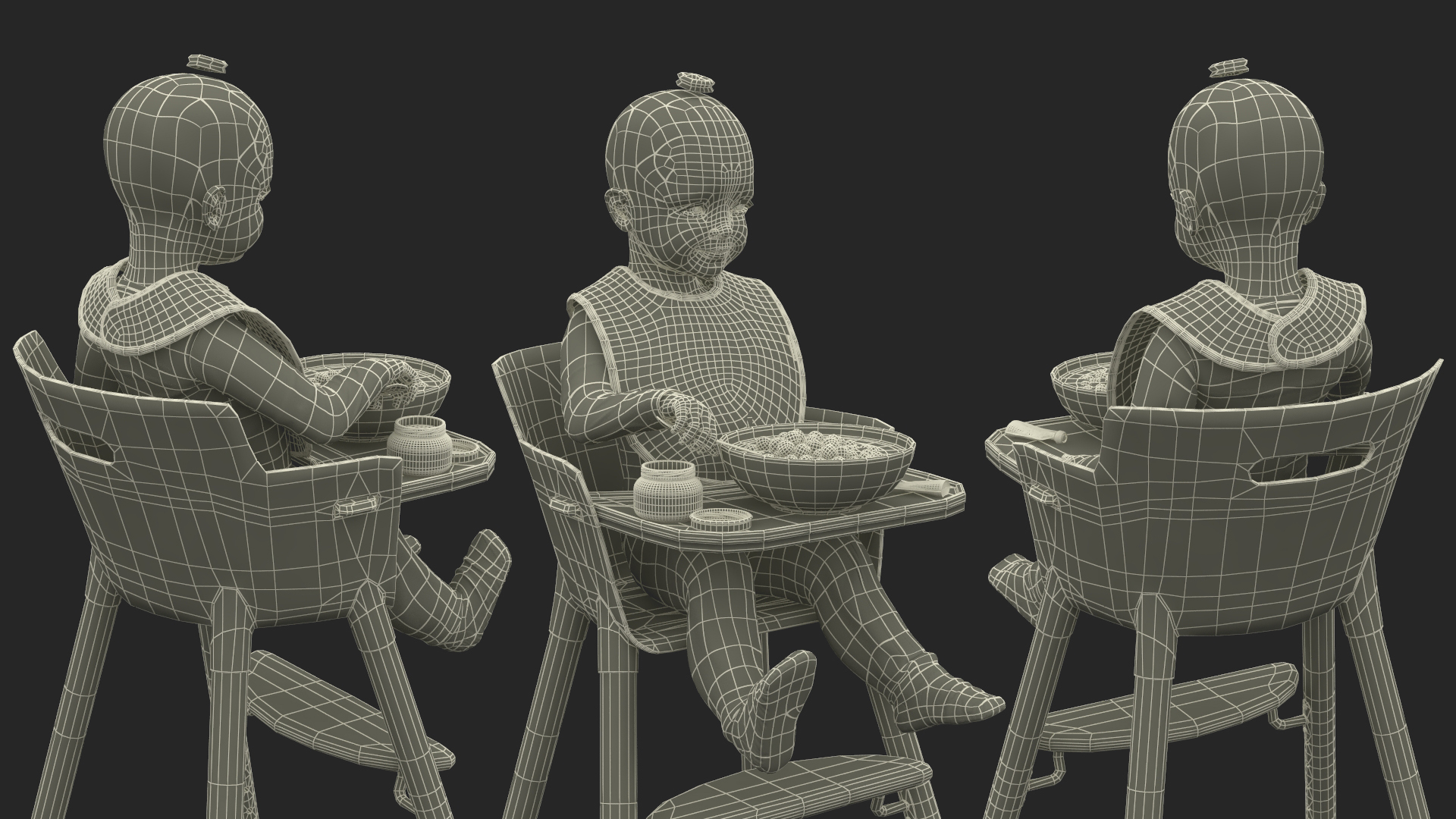 Baby Girl Eating in High Chair Fur 3D model