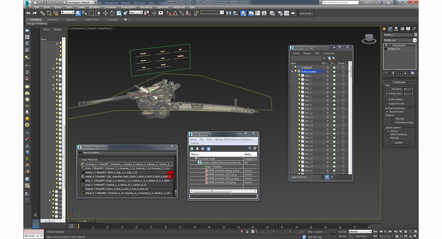 3D Artillery M198 155mm Howitzer Rigged