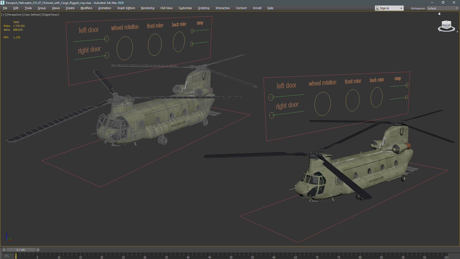 Transport Helicopter CH 47 Chinook with Cargo Rigged 3D