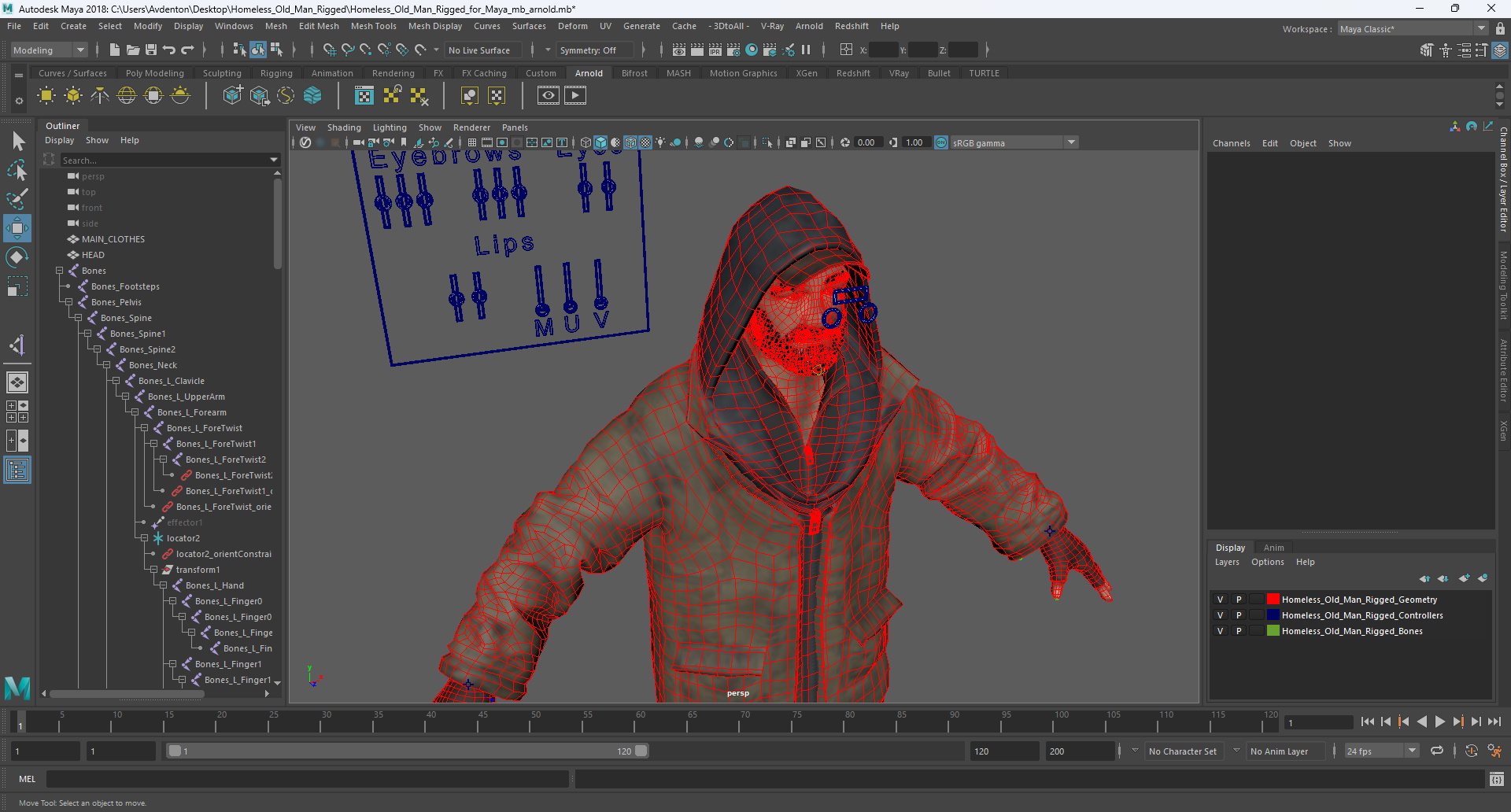 Homeless Old Man Rigged for Maya 3D