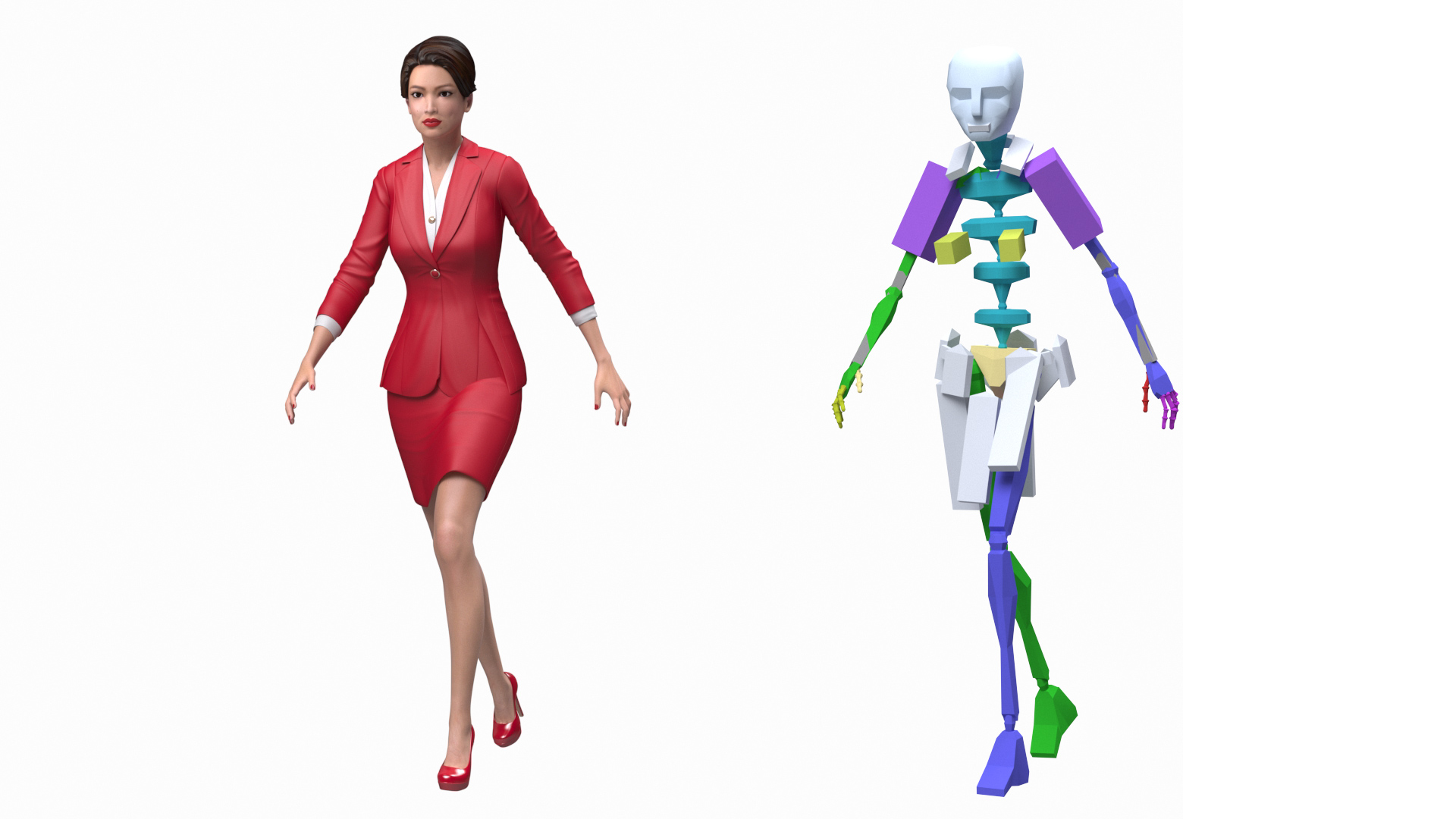 3D model Asian Woman wears Red Formal Suit Rigged