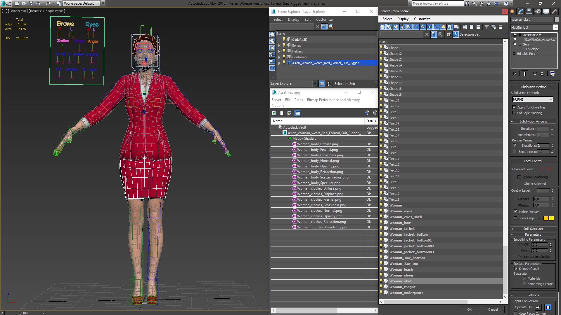 3D model Asian Woman wears Red Formal Suit Rigged