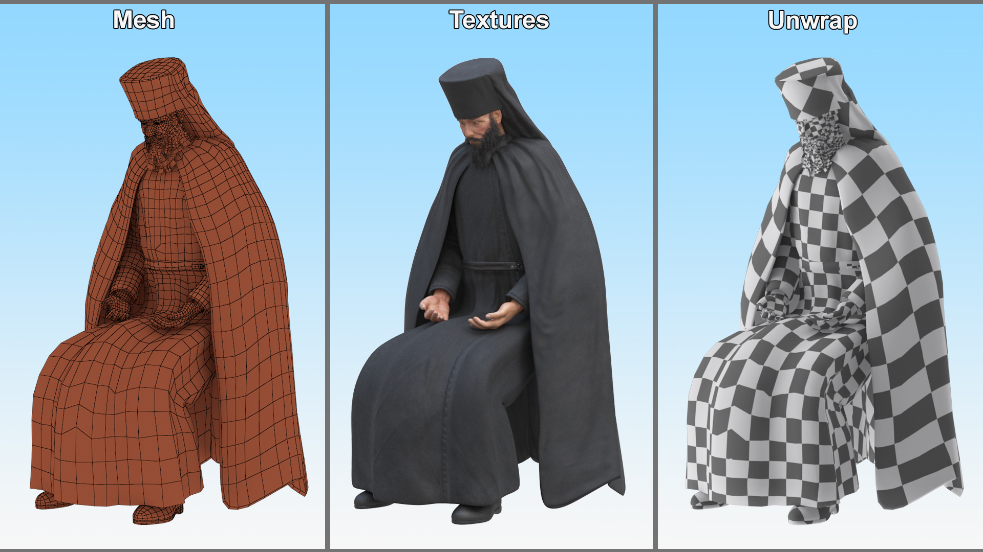 3D model Sitting Orthodox Monk Fully Dressed