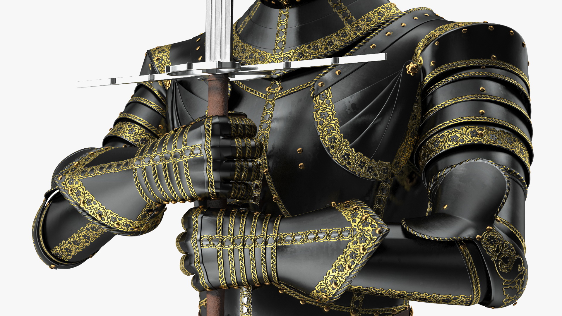 3D Medieval Knight Black Gold Full Armor Holding Zweihander Pose