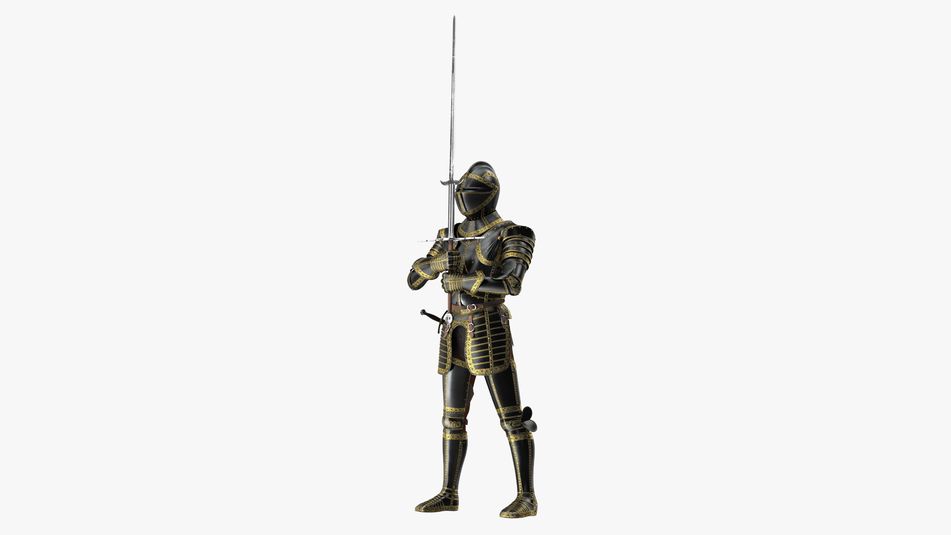 3D Medieval Knight Black Gold Full Armor Holding Zweihander Pose