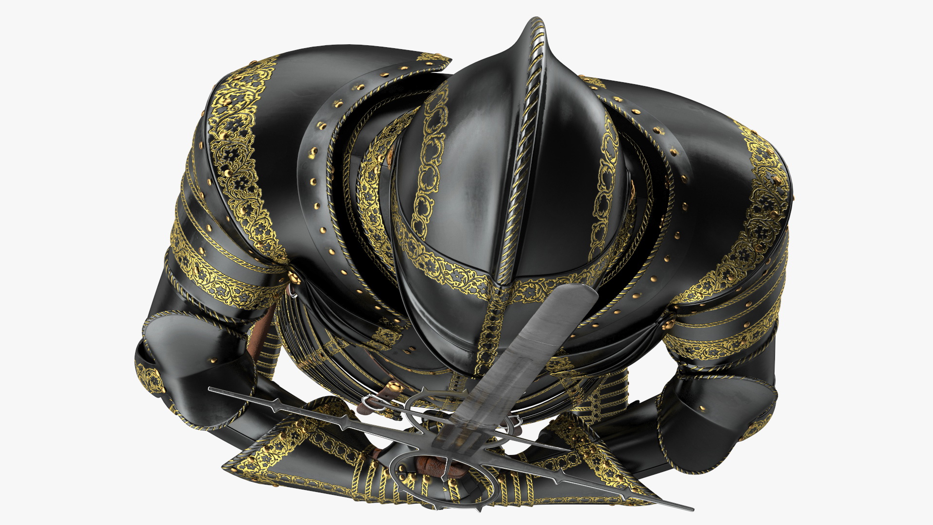 3D Medieval Knight Black Gold Full Armor Holding Zweihander Pose