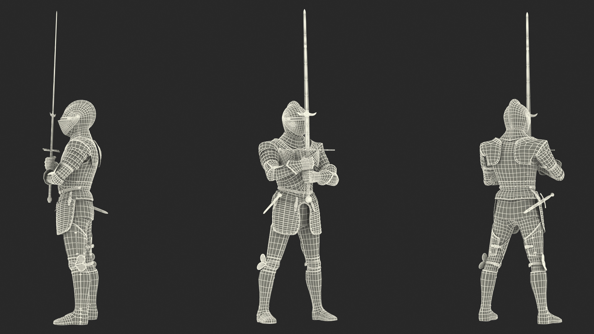 3D Medieval Knight Black Gold Full Armor Holding Zweihander Pose