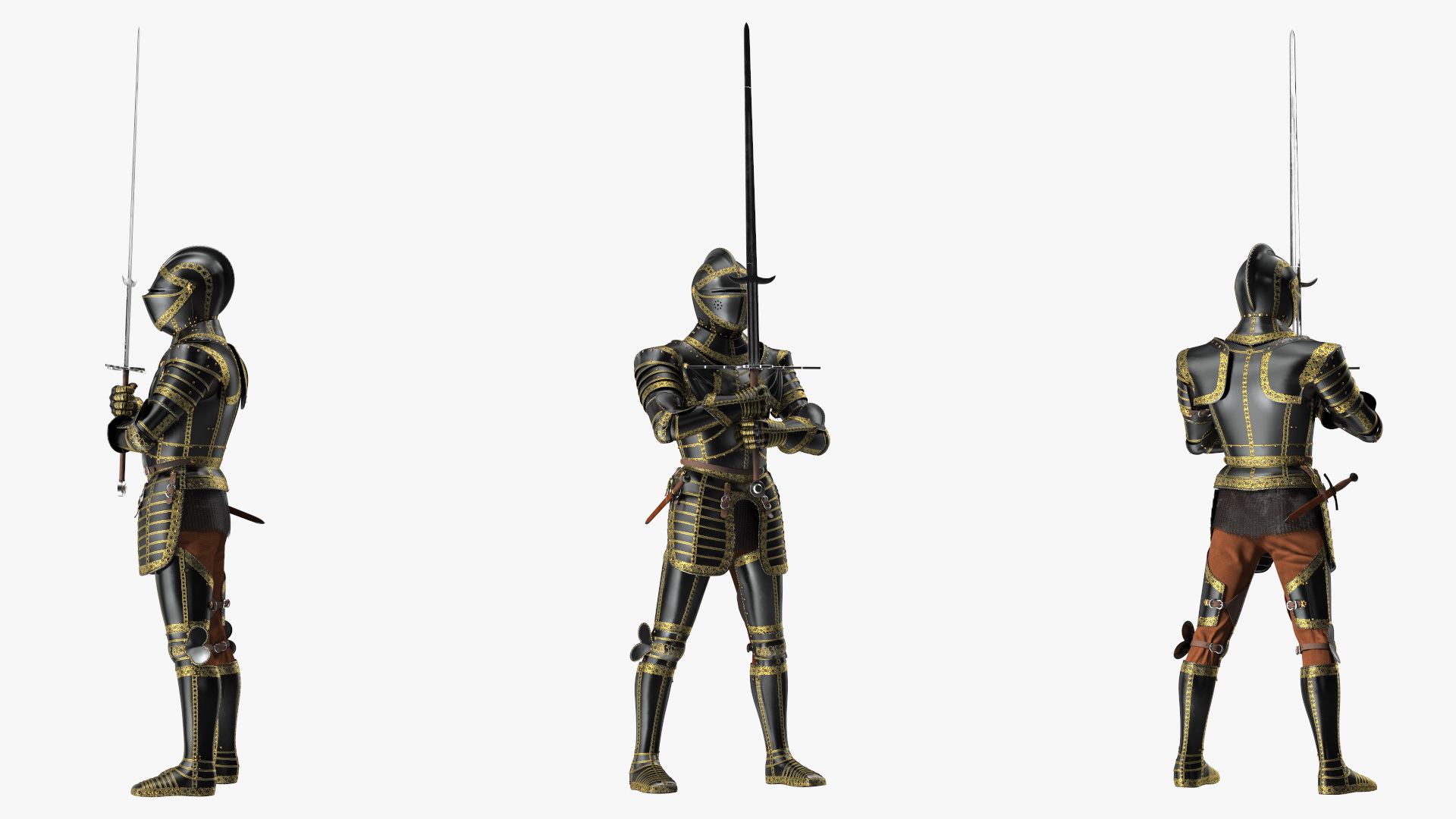 3D Medieval Knight Black Gold Full Armor Holding Zweihander Pose