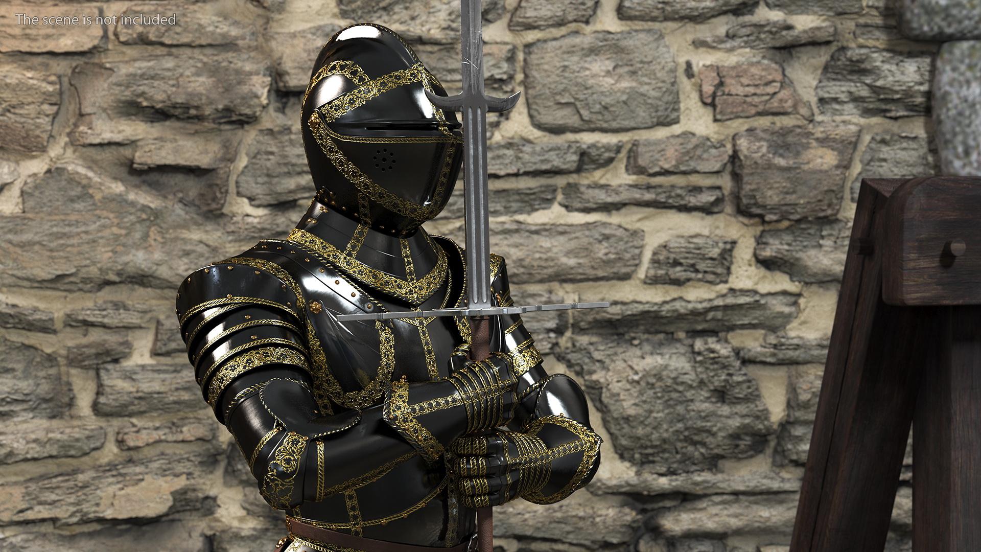 3D Medieval Knight Black Gold Full Armor Holding Zweihander Pose