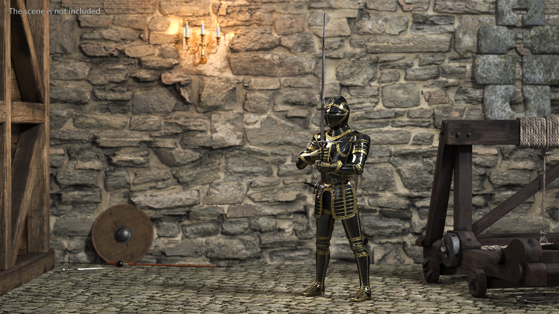 3D Medieval Knight Black Gold Full Armor Holding Zweihander Pose