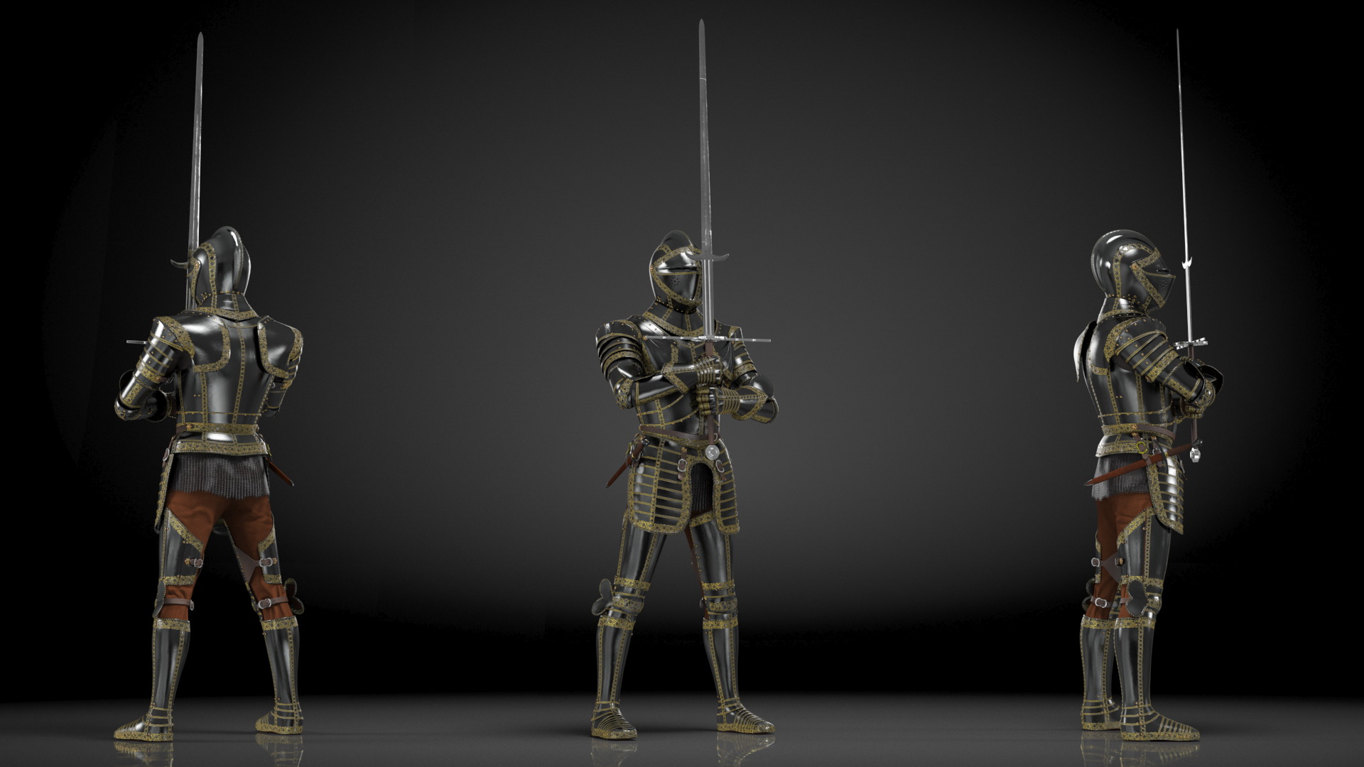 3D Medieval Knight Black Gold Full Armor Holding Zweihander Pose