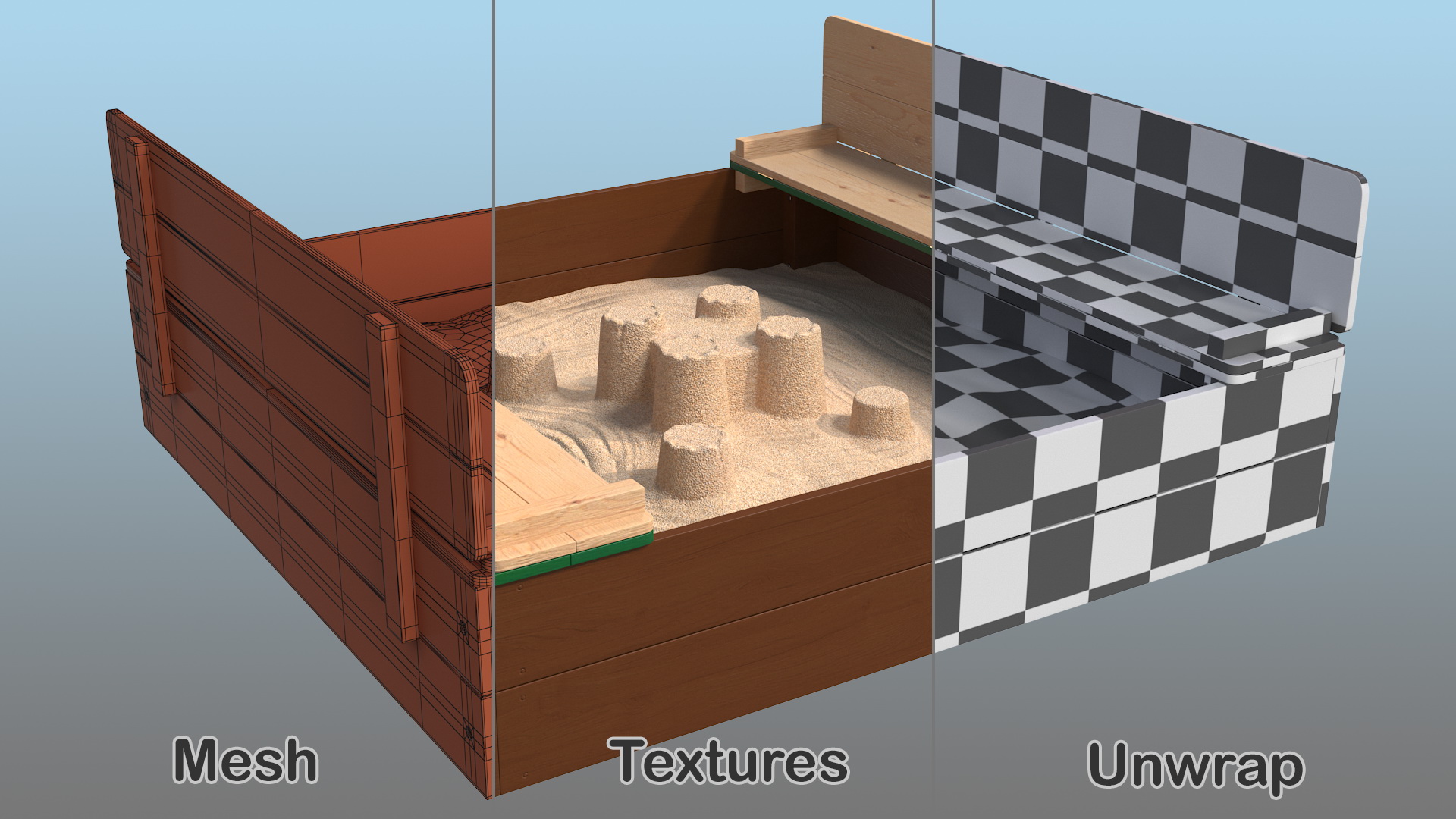 3D Wooden Sandbox with Sand Castle