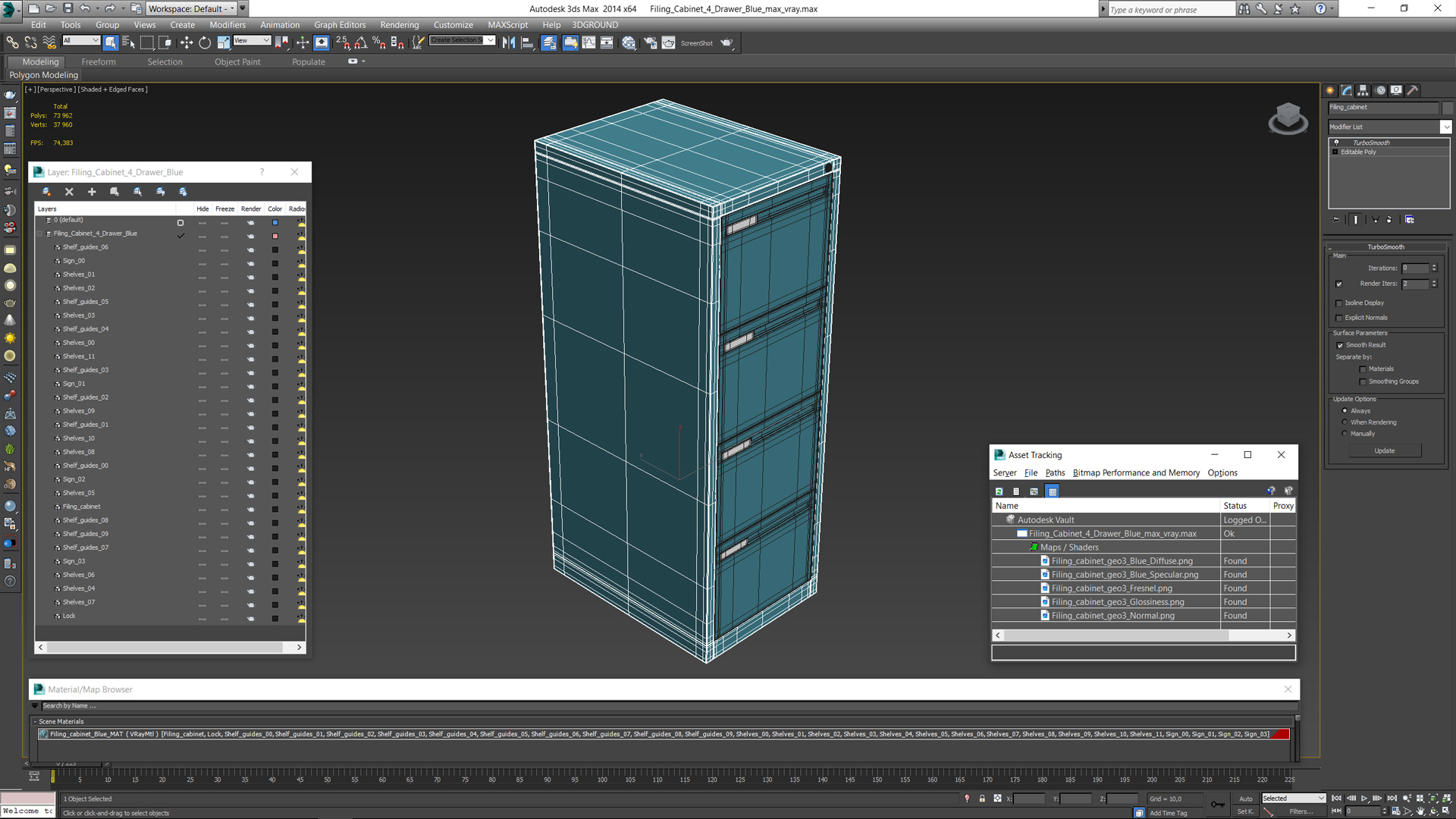 3D Filing Cabinet 4 Drawer Blue model