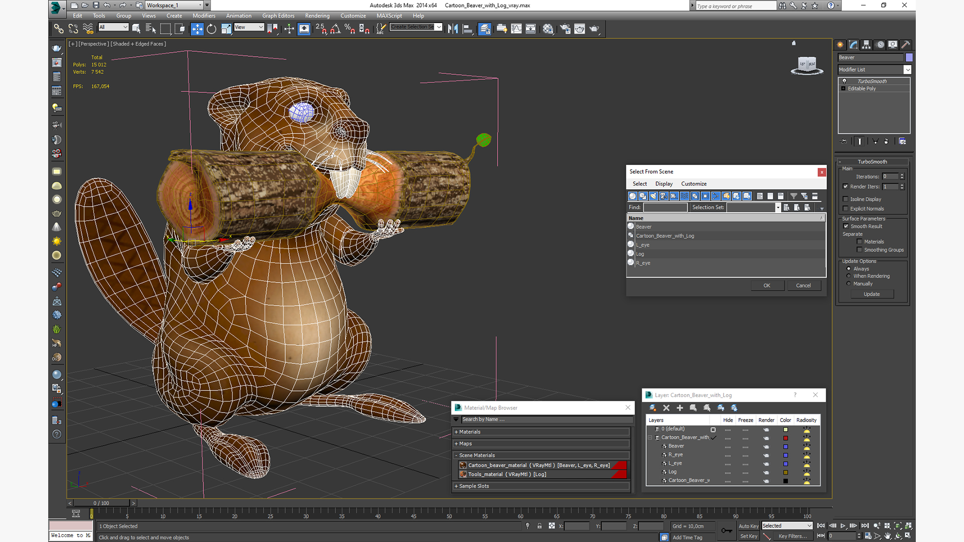 3D Cartoon Beaver with Log model