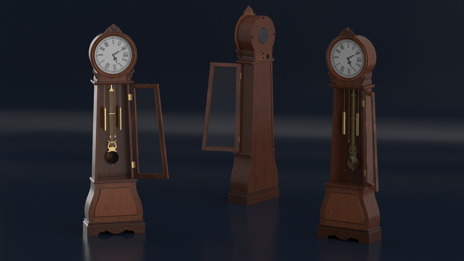 3D Grandfather Clock With Chime Dark Wood Open model