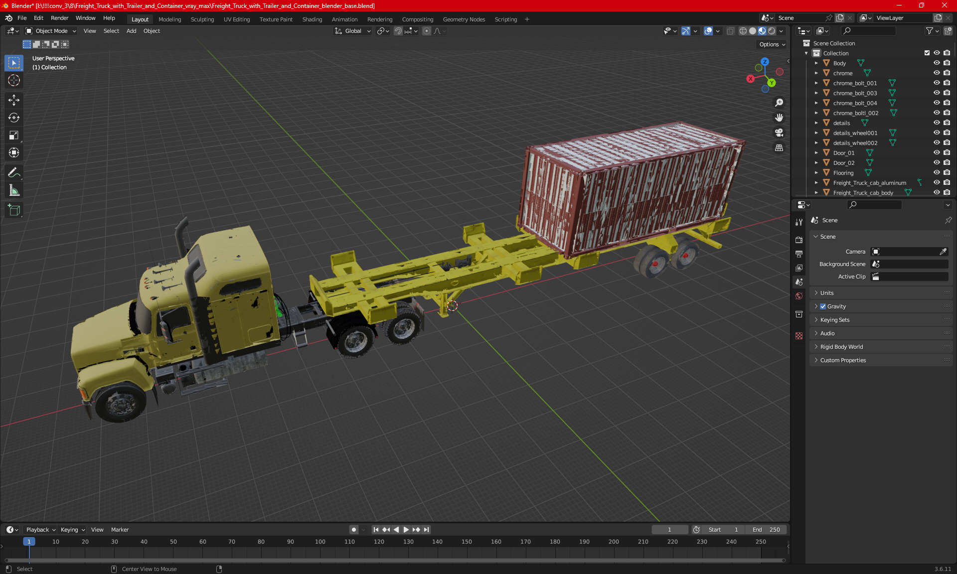 3D model Freight Truck with Trailer and Container