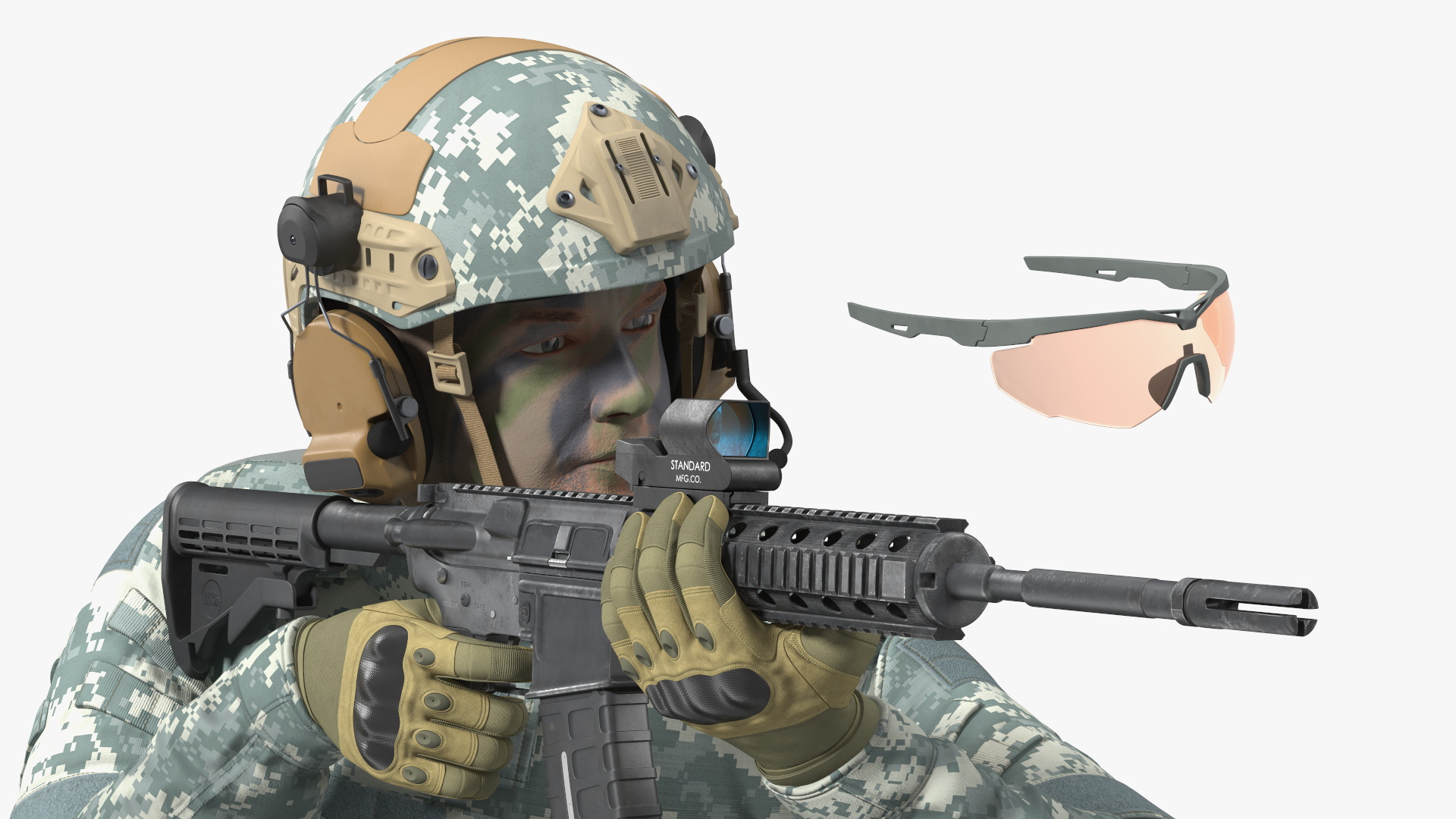 3D Army Soldier in Grey Camo with Rifle Aiming model