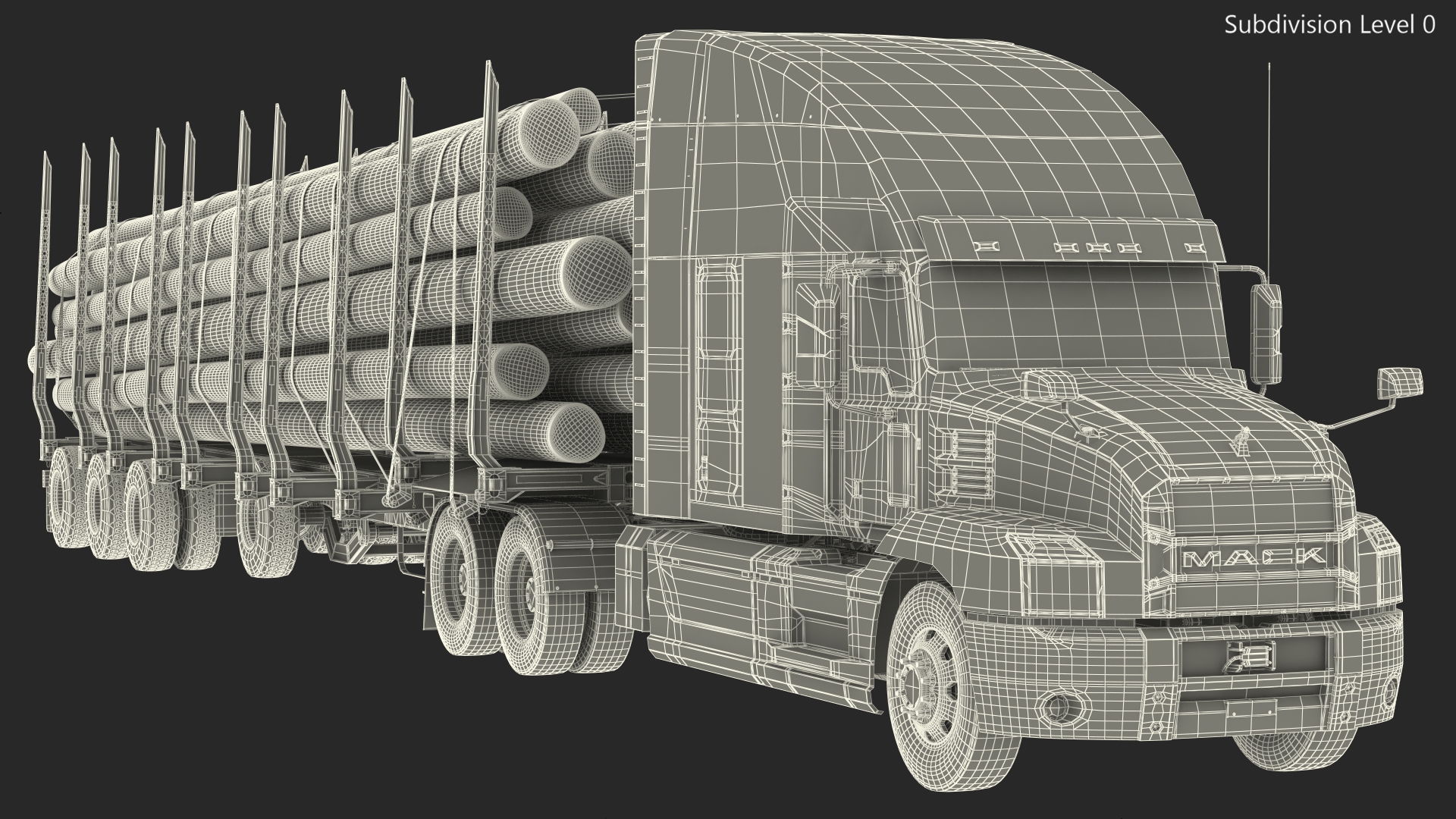 3D model Mack Anthem Truck With Logging Trailer Rigged