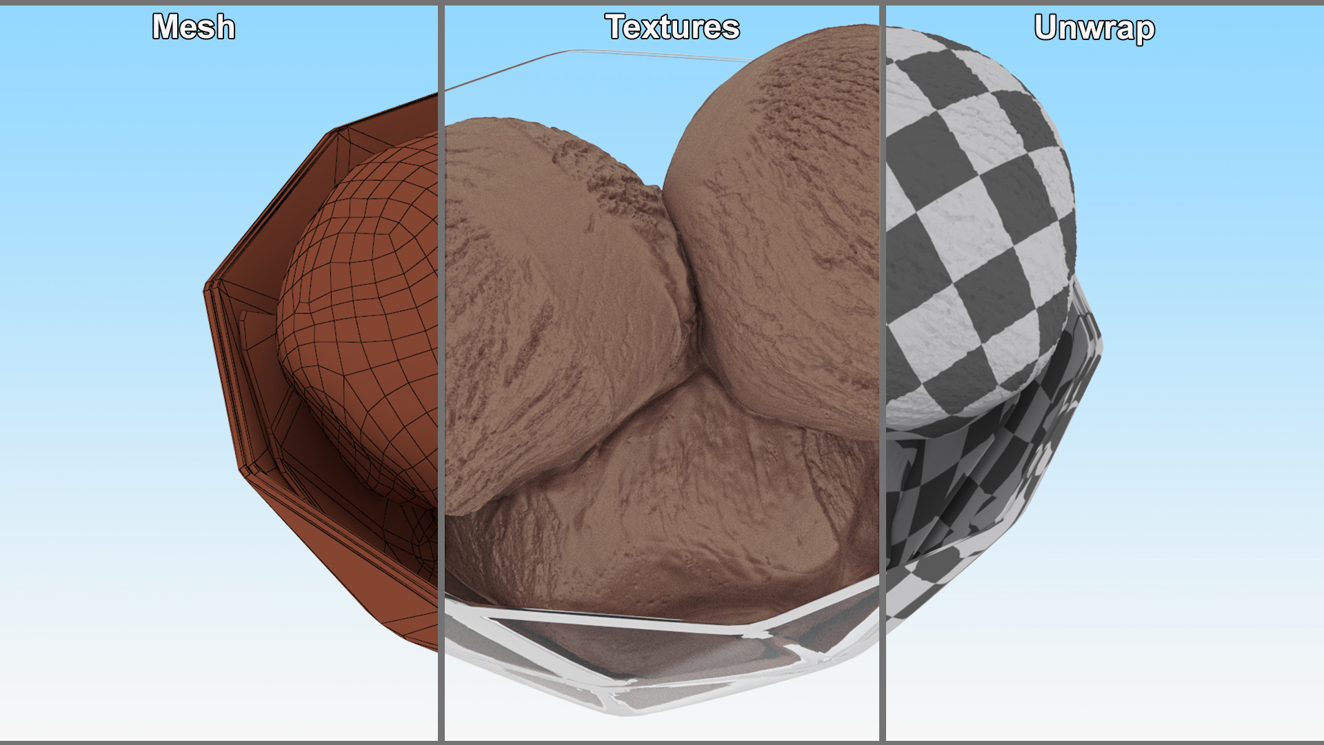 Ice Cream Chocolate Balls in Glass Bowl 3D model