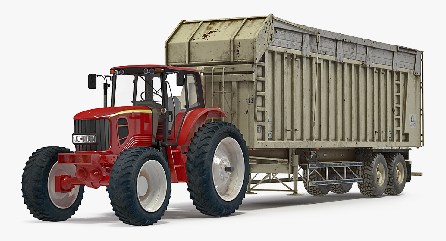 3D model Tractor with Harvester Trailer