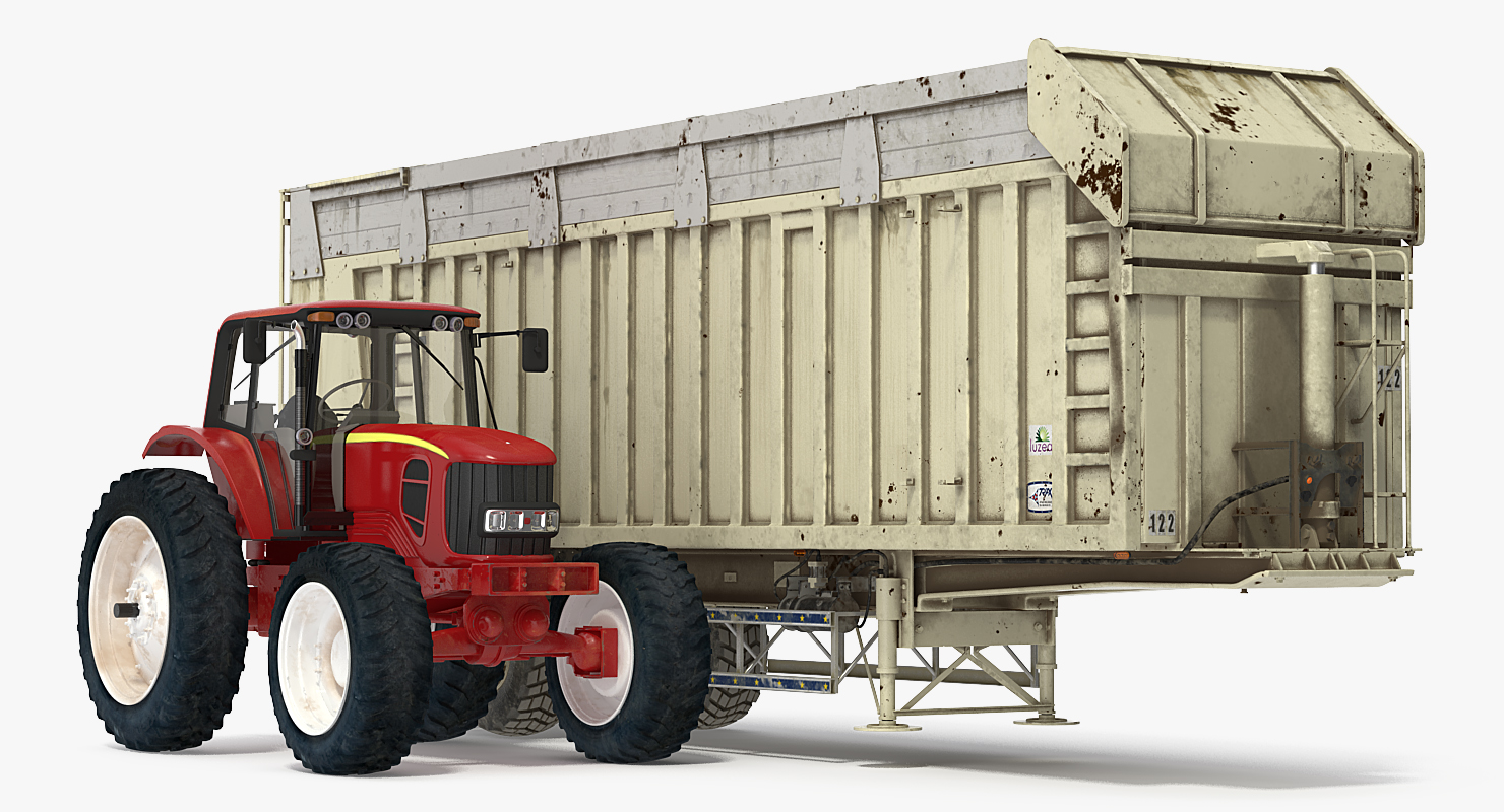 3D model Tractor with Harvester Trailer