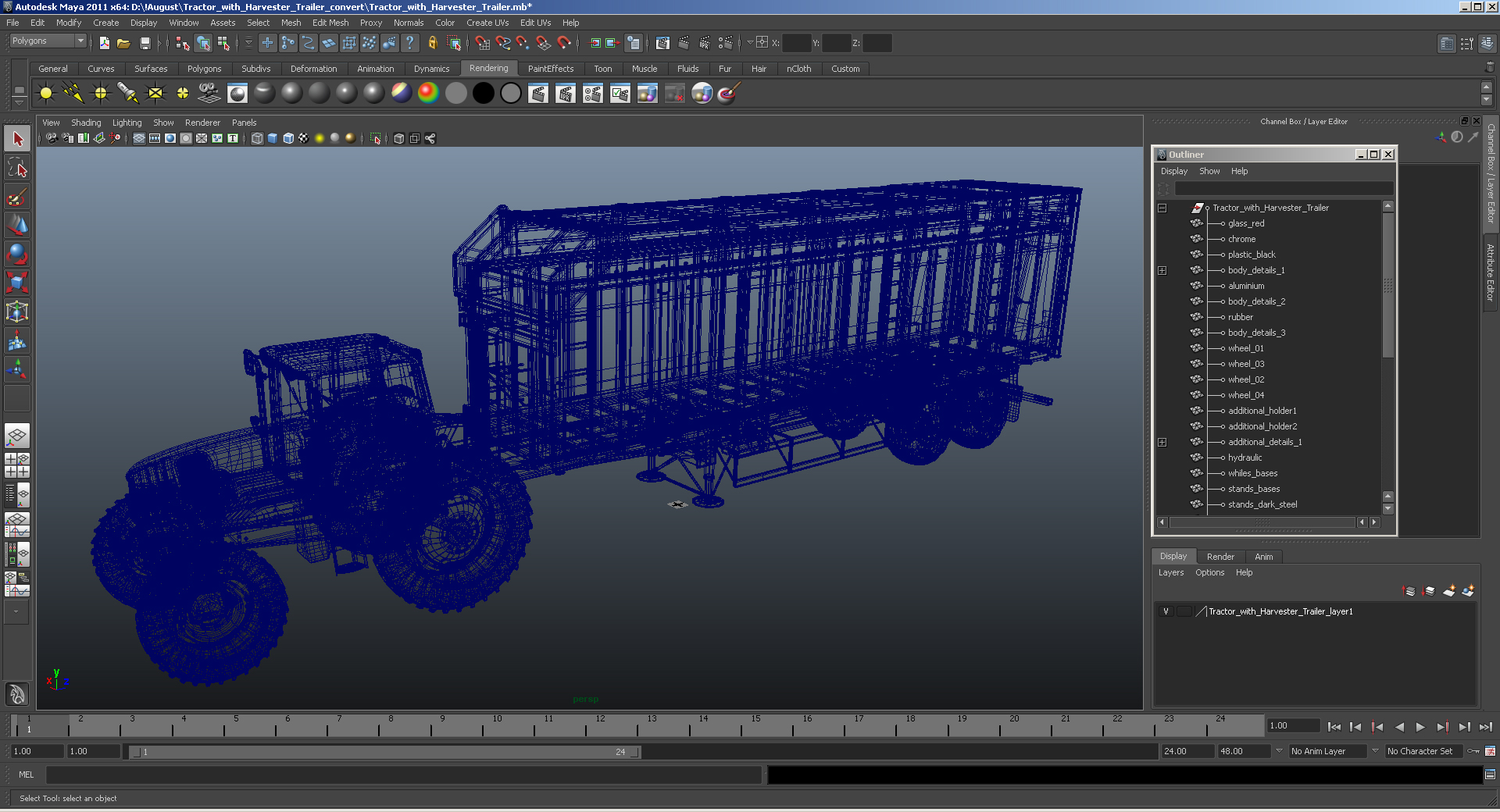 3D model Tractor with Harvester Trailer