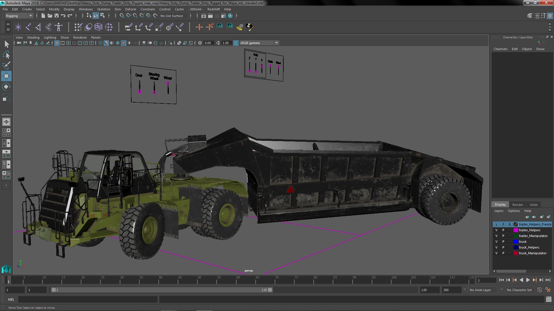 3D model Heavy Duty Dump Trailer Dirty Rigged for Maya