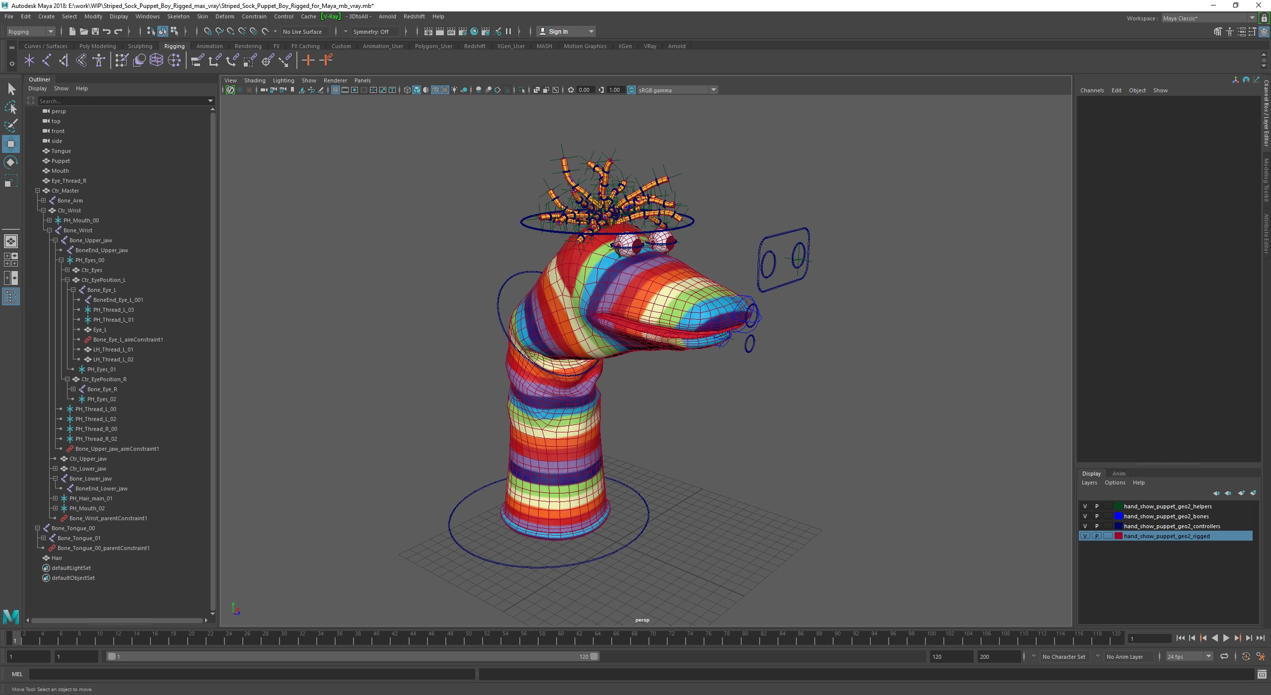 Striped Sock Puppet Boy Rigged for Maya 3D model