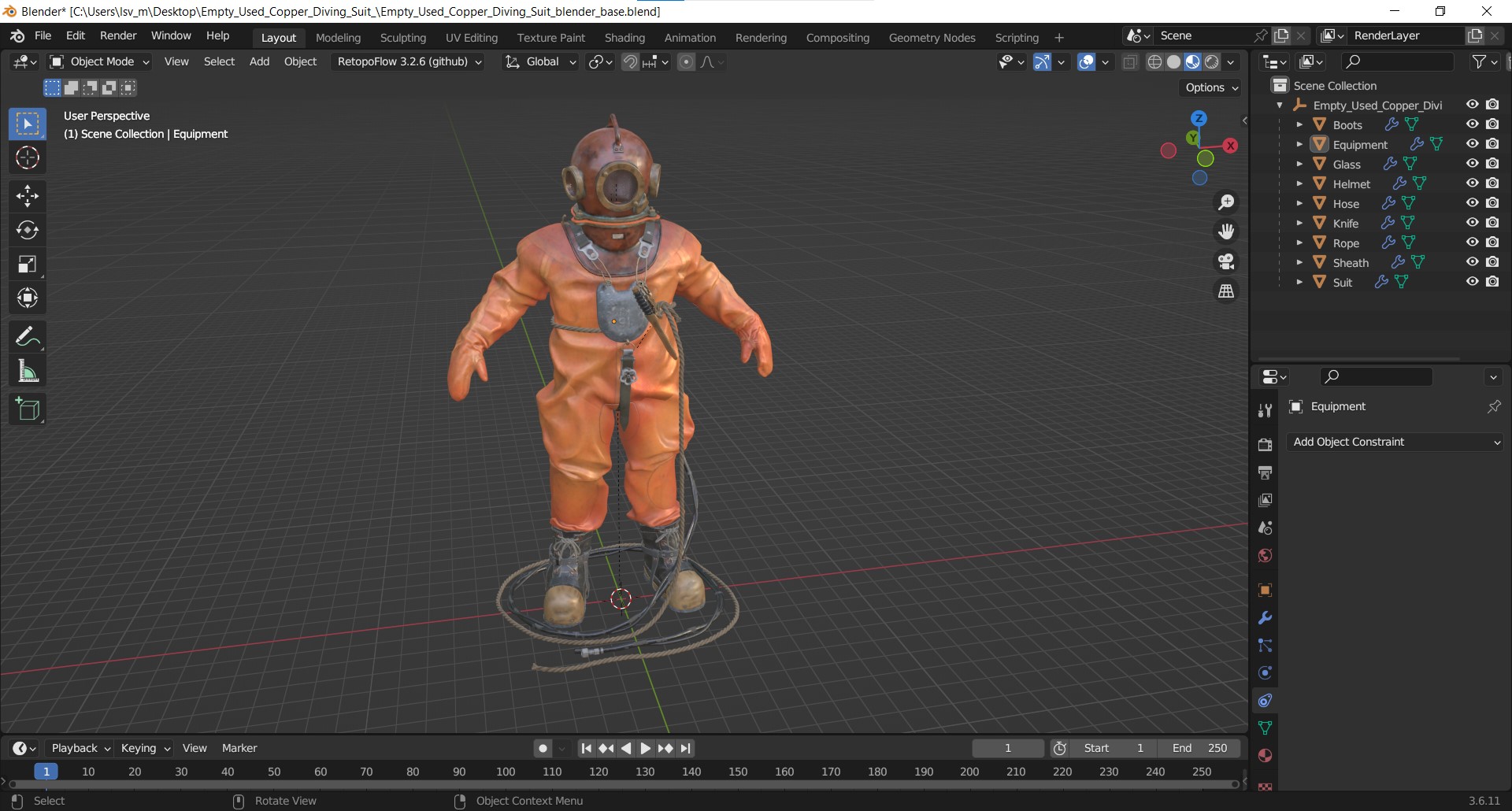 Empty Used Copper Diving Suit 3D model