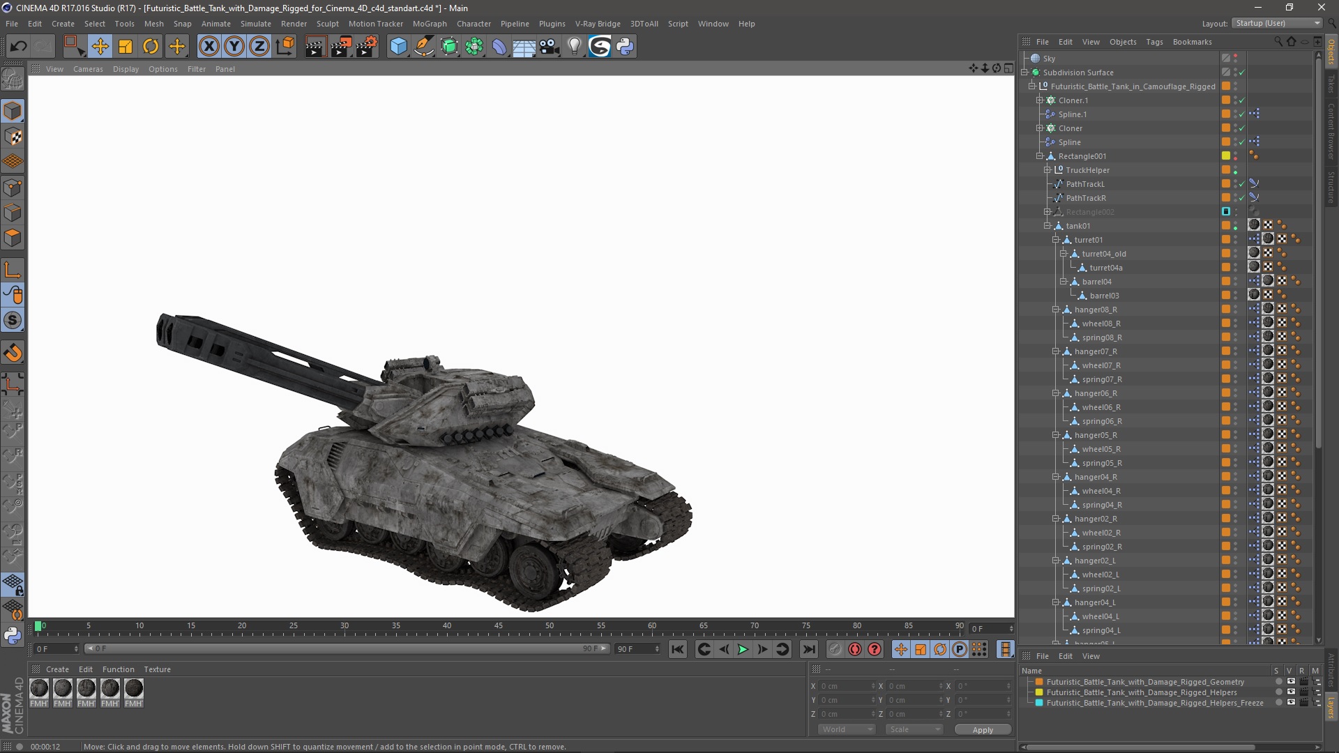 3D model Futuristic Battle Tank with Damage Rigged for Cinema 4D