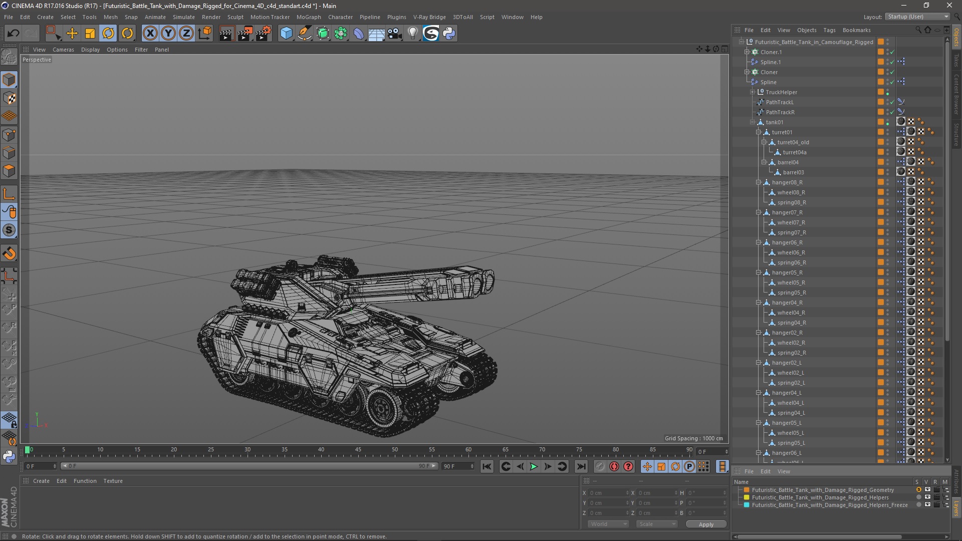 3D model Futuristic Battle Tank with Damage Rigged for Cinema 4D