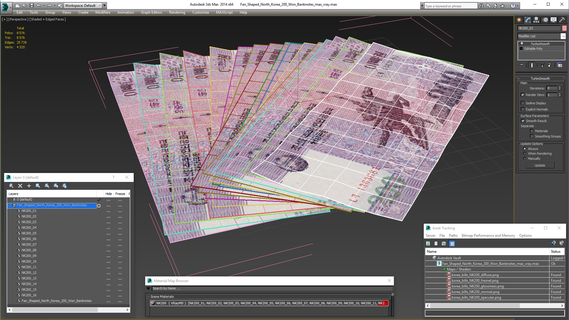 3D model Fan Shaped North Korea 200 Won Banknotes