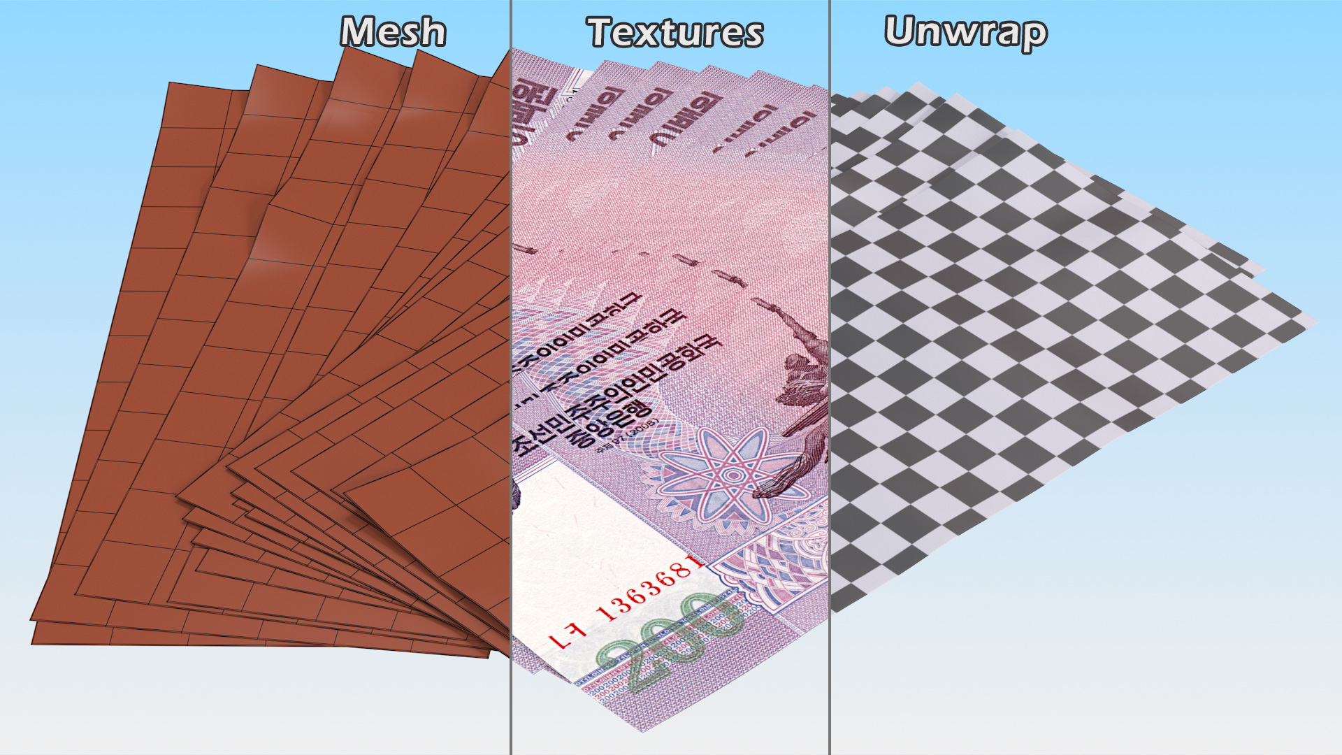 3D model Fan Shaped North Korea 200 Won Banknotes