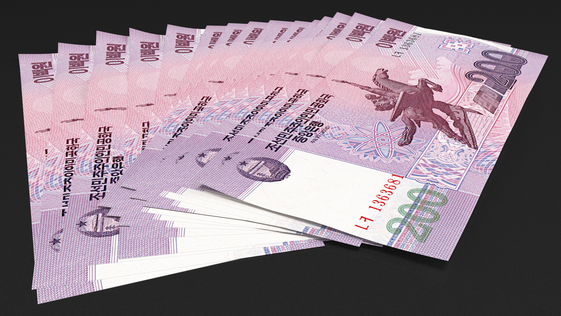 3D model Fan Shaped North Korea 200 Won Banknotes