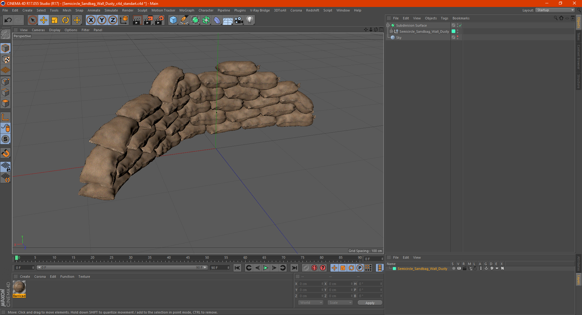 Semicircle Sandbag Wall Dusty 3D model