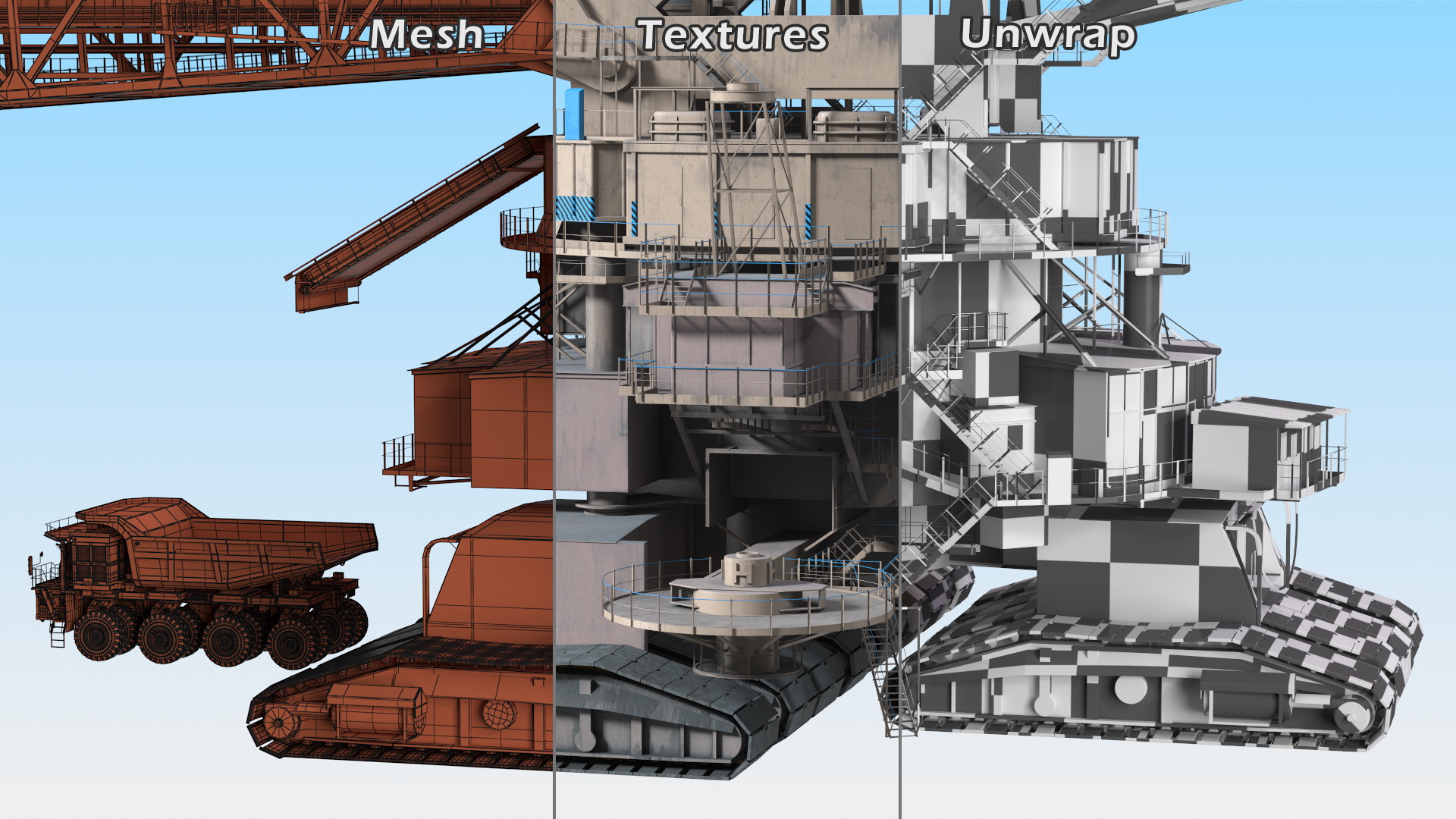 Mining Multi Bucket Wheel Excavator with Mining Truck Rigged for Maya 3D model