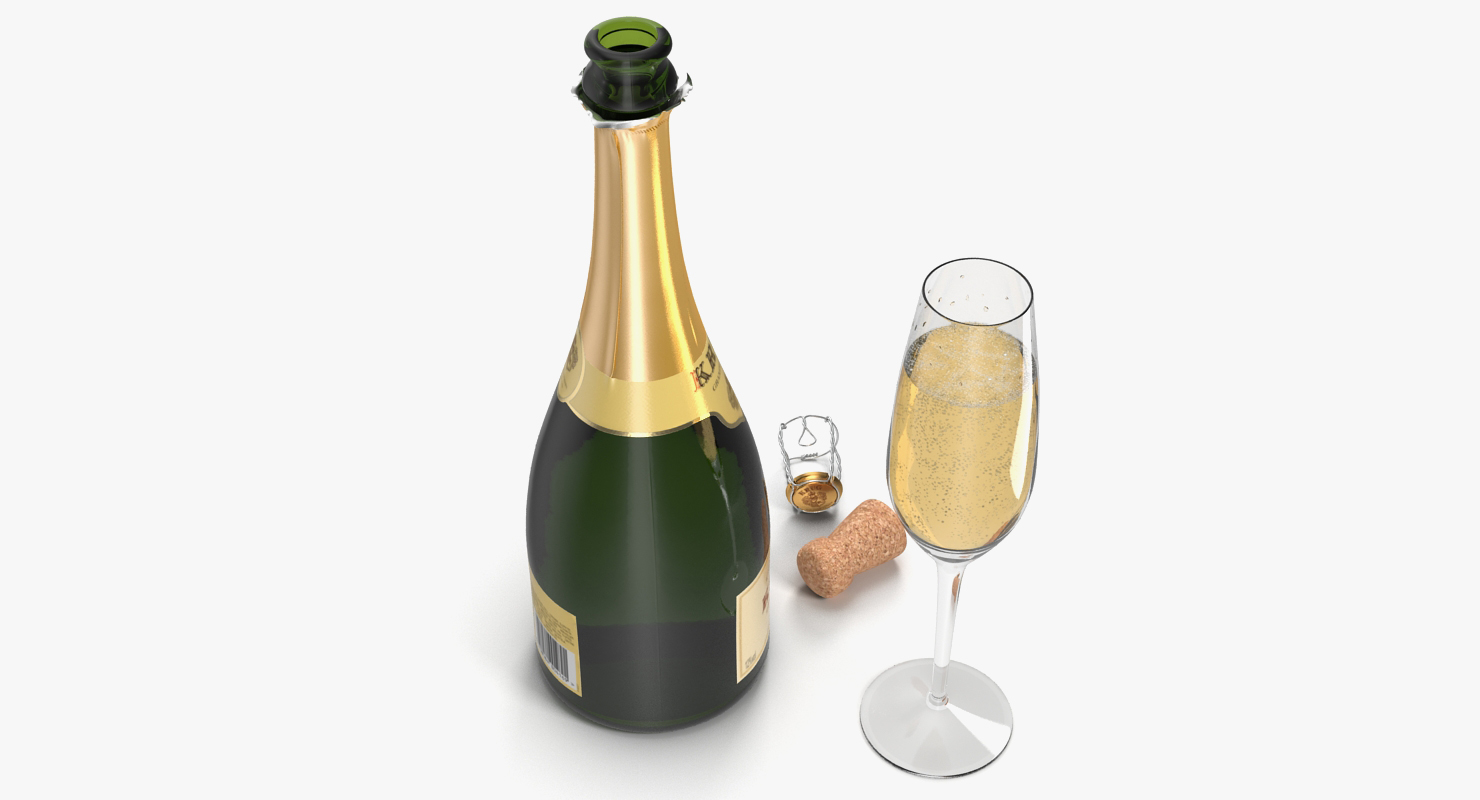 Champagne Bottle Krug Opened With Flute 3D model