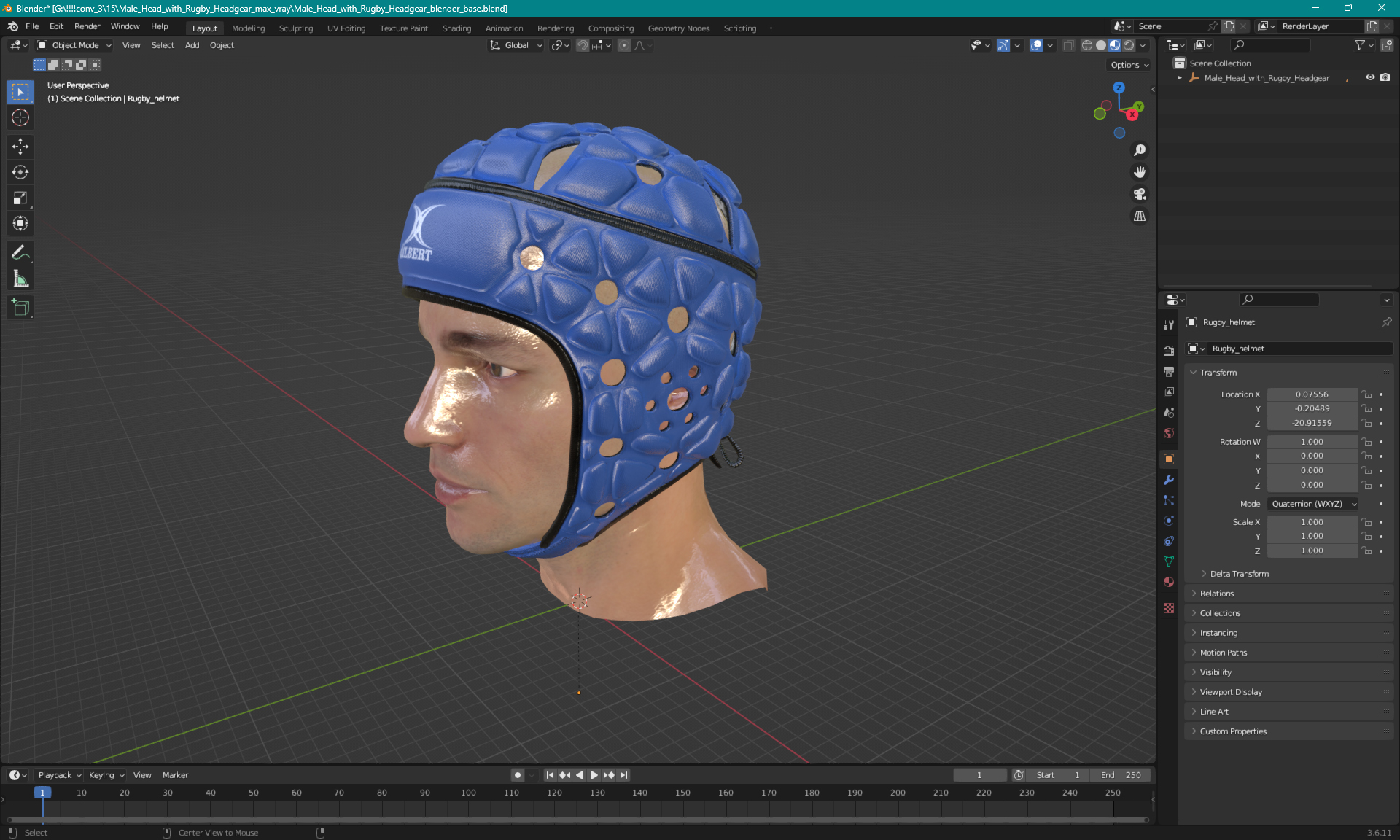 Male Head with Gilbert Rugby Headgear 3D