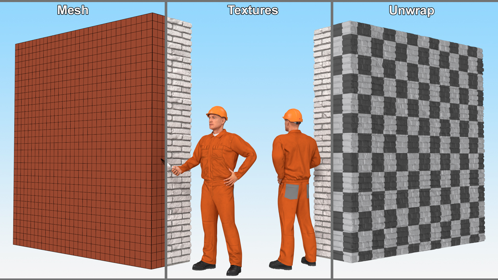 Old Brick White Wall With Worker 3D