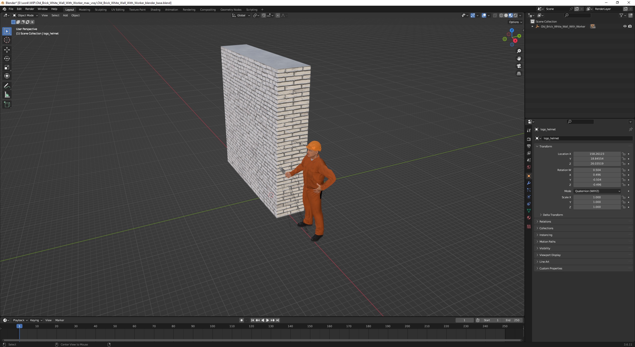 Old Brick White Wall With Worker 3D