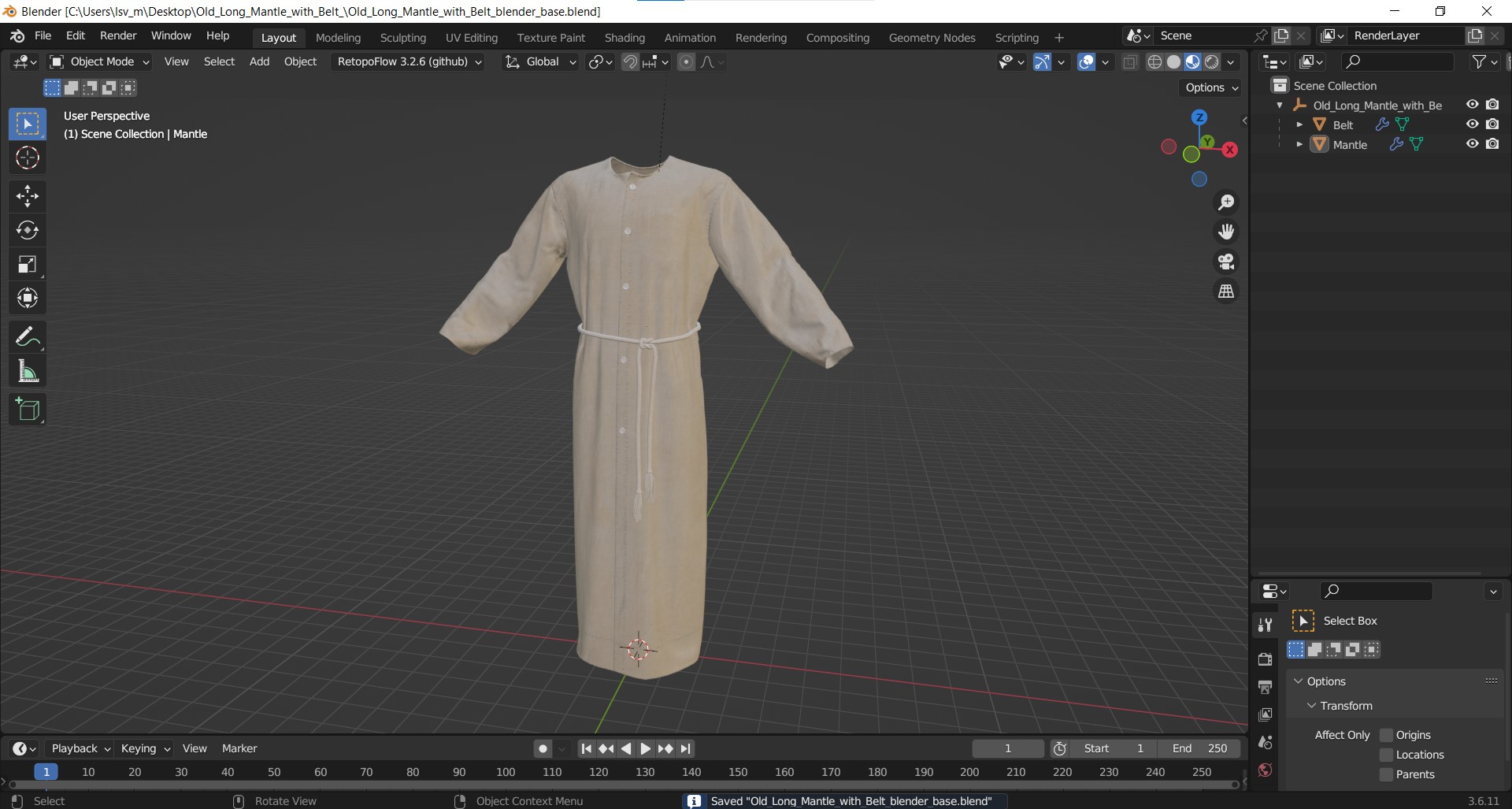 3D model Old Long Mantle with Belt