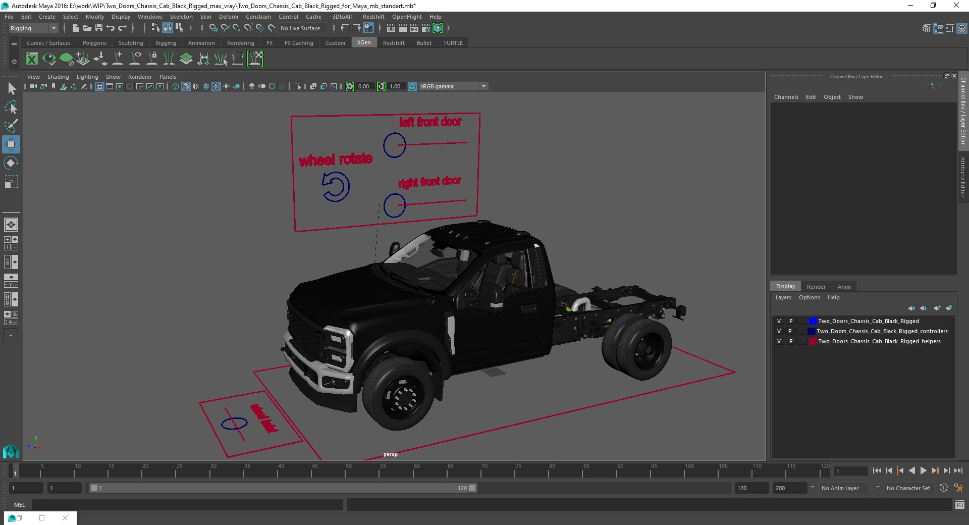 3D Two Doors Chassis Cab Black Rigged for Maya model