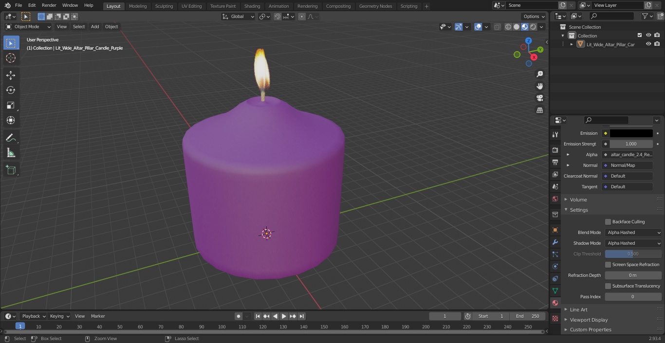 3D model Lit Wide Altar Pillar Candle Purple