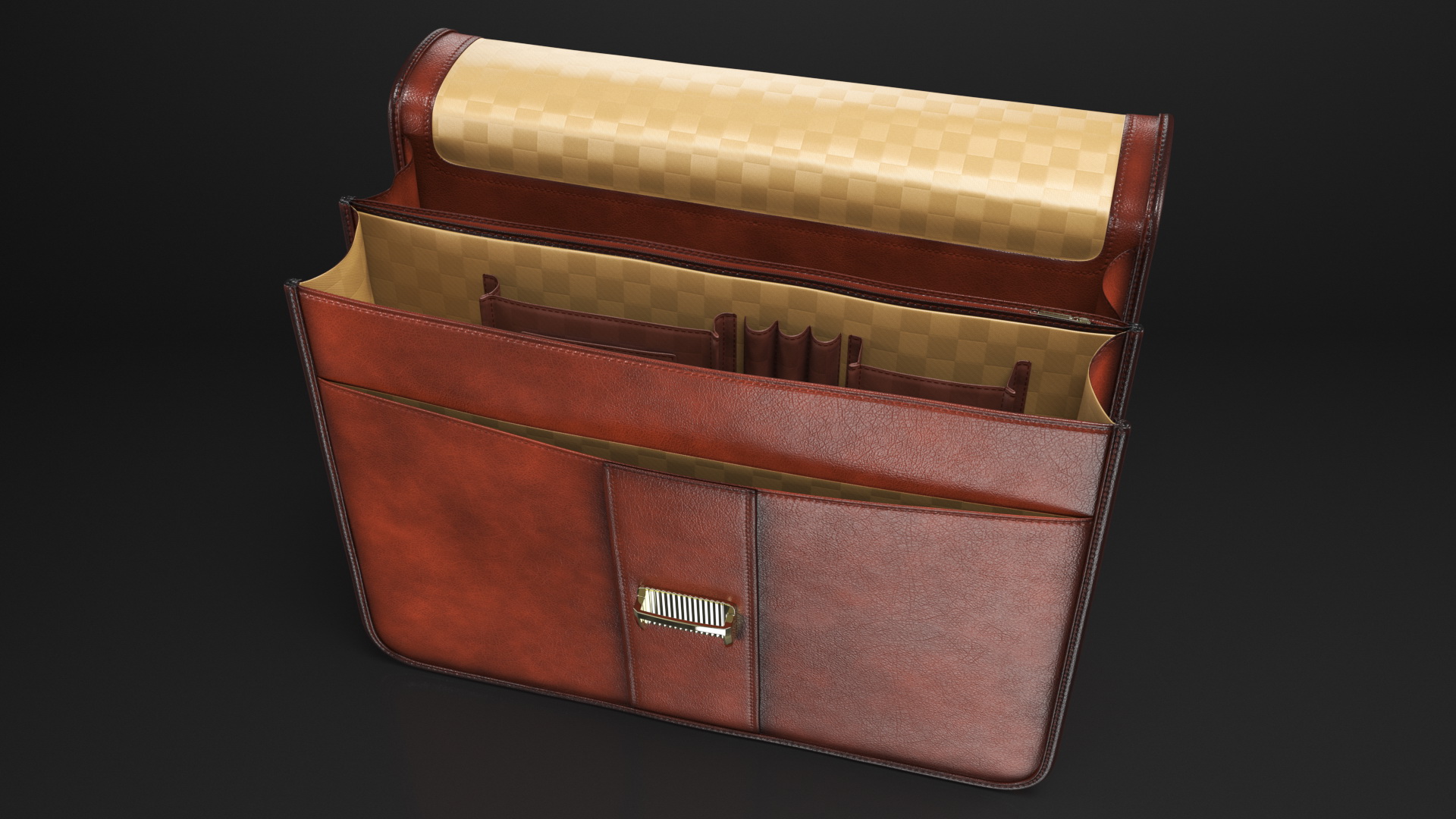 Opened Leather Flapover Briefcase Brown 3D model