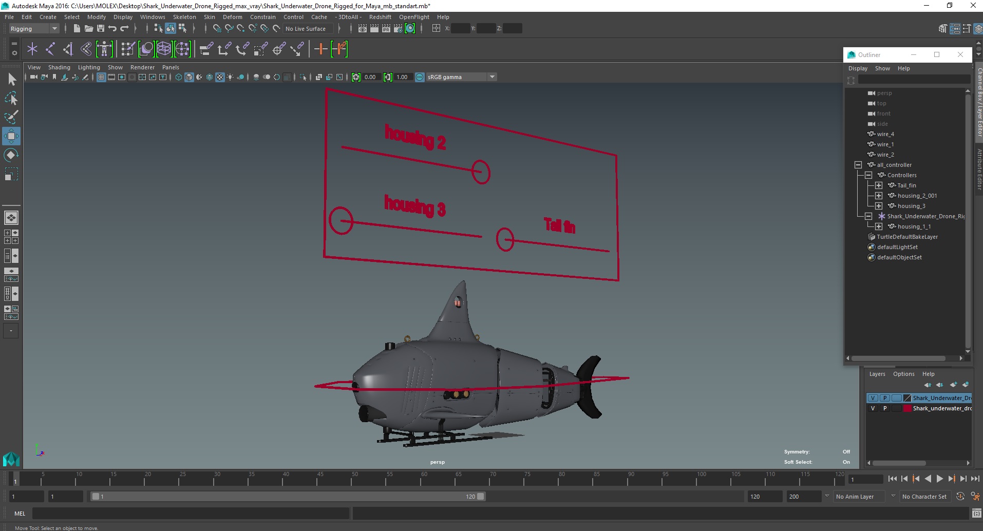 3D Shark Underwater Drone Rigged for Maya model