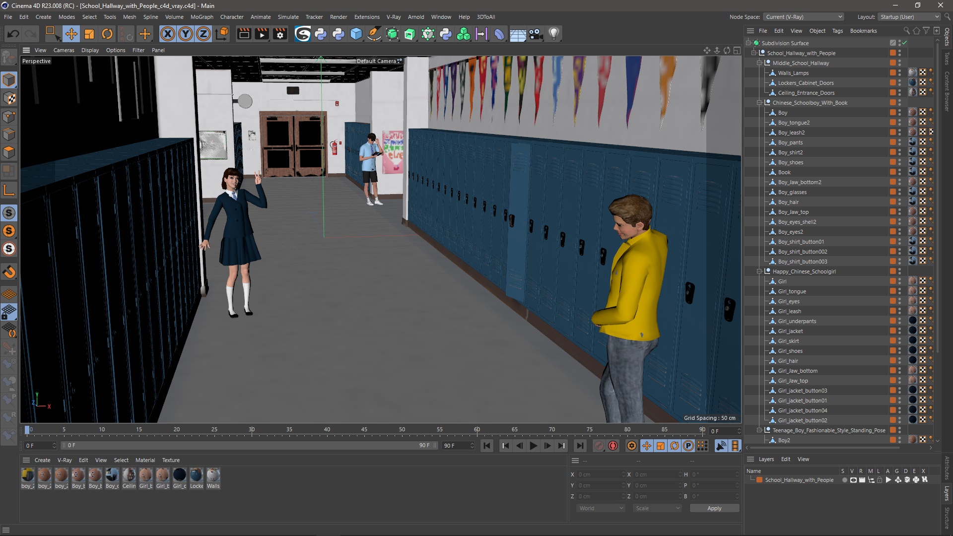 3D School Hallway with People