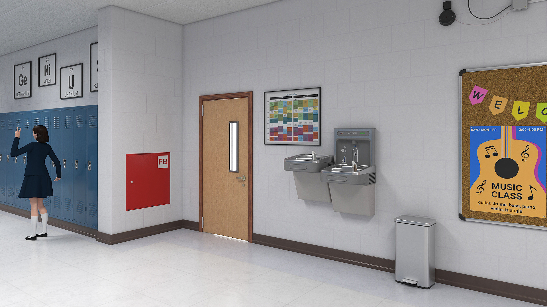 3D School Hallway with People